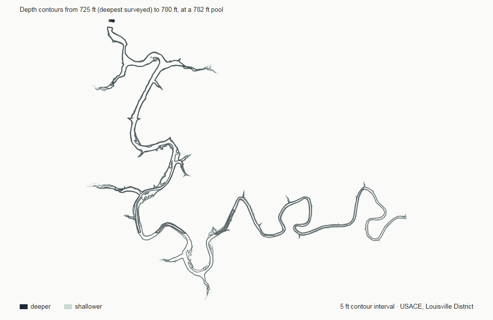 Depth contour map of Buckhorn Lake, drawn from U.S. Army Corps of Engineers, LRL District survey data