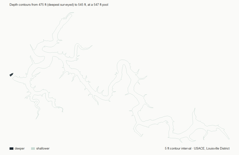 Depth contour map of Taylorsville Lake, drawn from U.S. Army Corps of Engineers, LRL District survey data