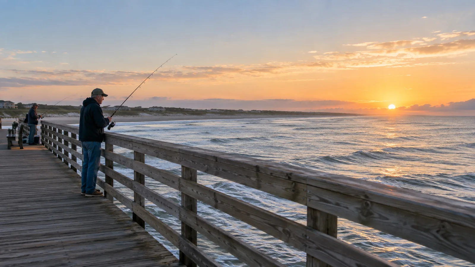 Anglers fishing from a wooden ocean pier at sunrise