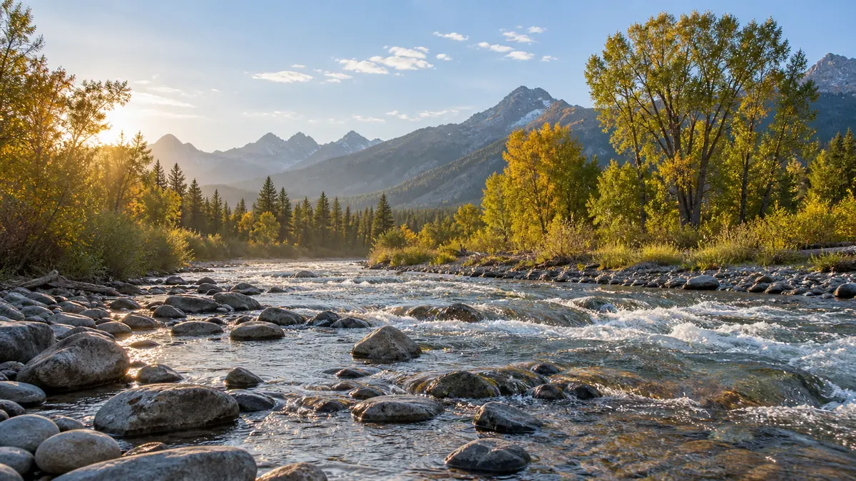 A clear mountain river running over a cobbled bed below snow-dusted peaks