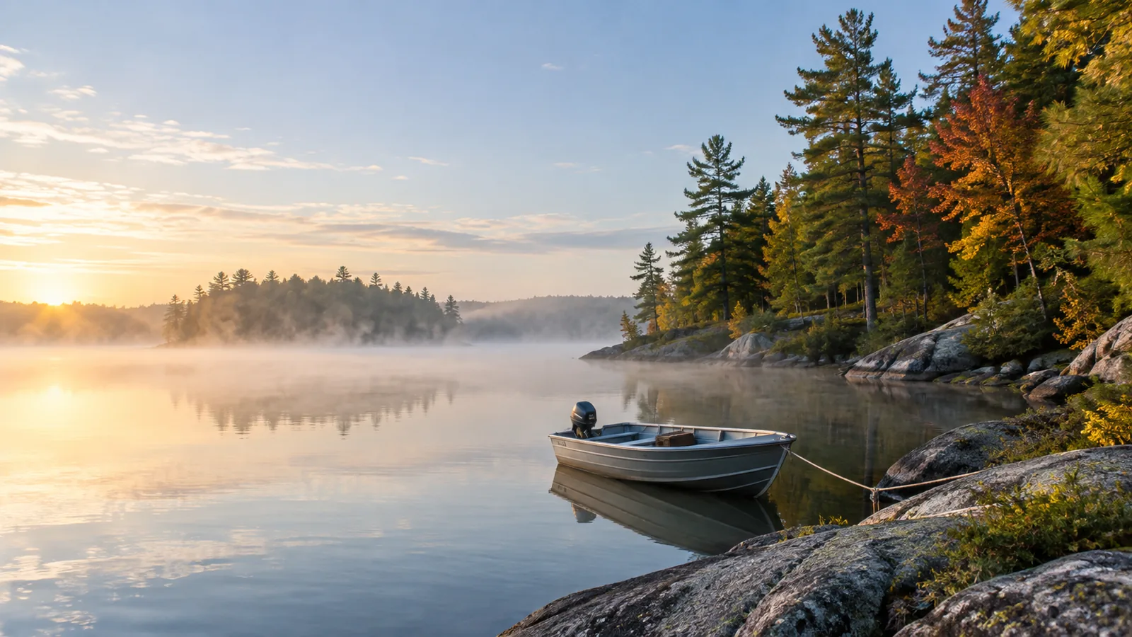 A small aluminium boat moored on a misty northern lake in autumn