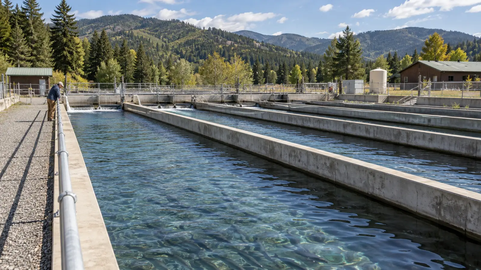 Concrete raceways at a trout hatchery, fish visible in clear running water
