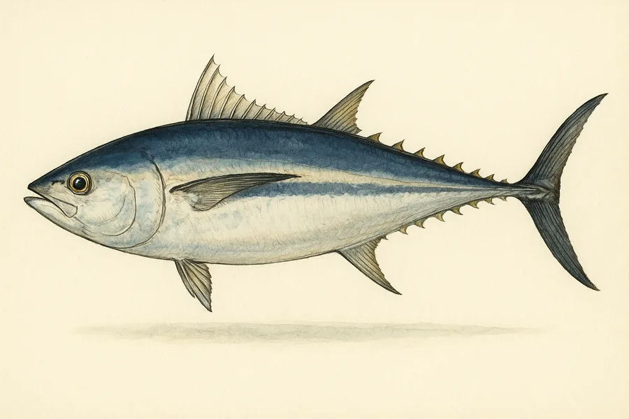 Albacore tuna identification illustration — side view for checking California size limits