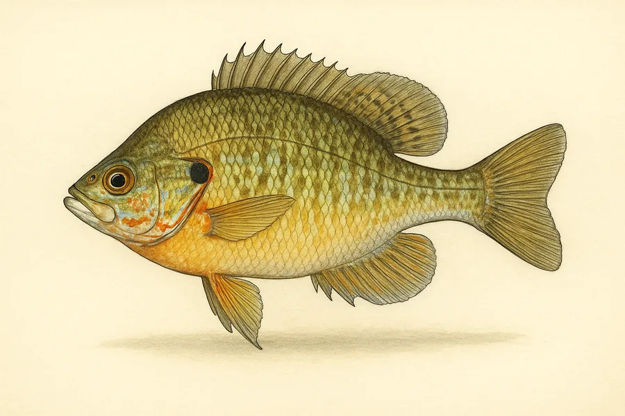 Bluegill, hybrid bluegill, green sunfish, redear and pumpkinseed identification illustration — side view for checking Colorado size limits