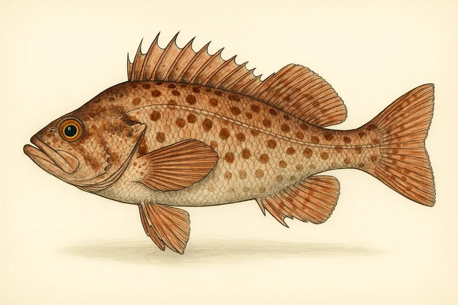 Bronzespotted rockfish identification illustration — side view for checking California size limits