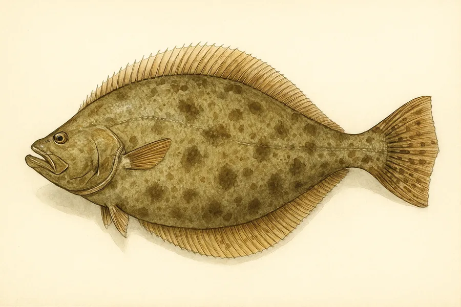 California halibut identification illustration — side view for checking California size limits