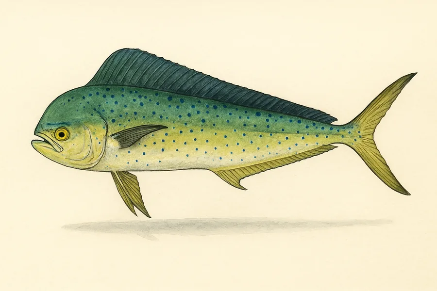 Dolphin (mahi-mahi) identification illustration — side view for checking South Carolina size limits