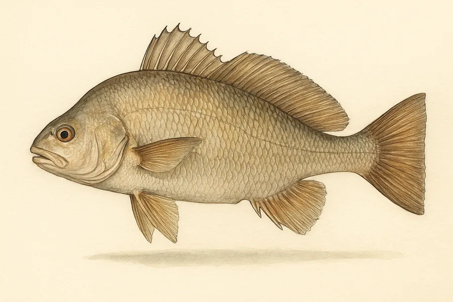 Freshwater drum (gaspergou) identification illustration — side view for checking Louisiana size limits
