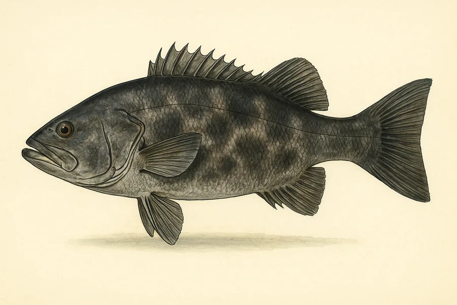 Giant sea bass (black sea bass) identification illustration — side view for checking California size limits
