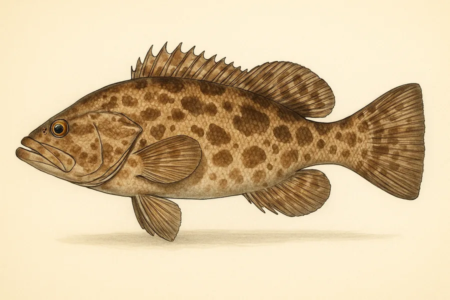 Grouper (all species, combined) identification illustration — side view for checking Maryland size limits
