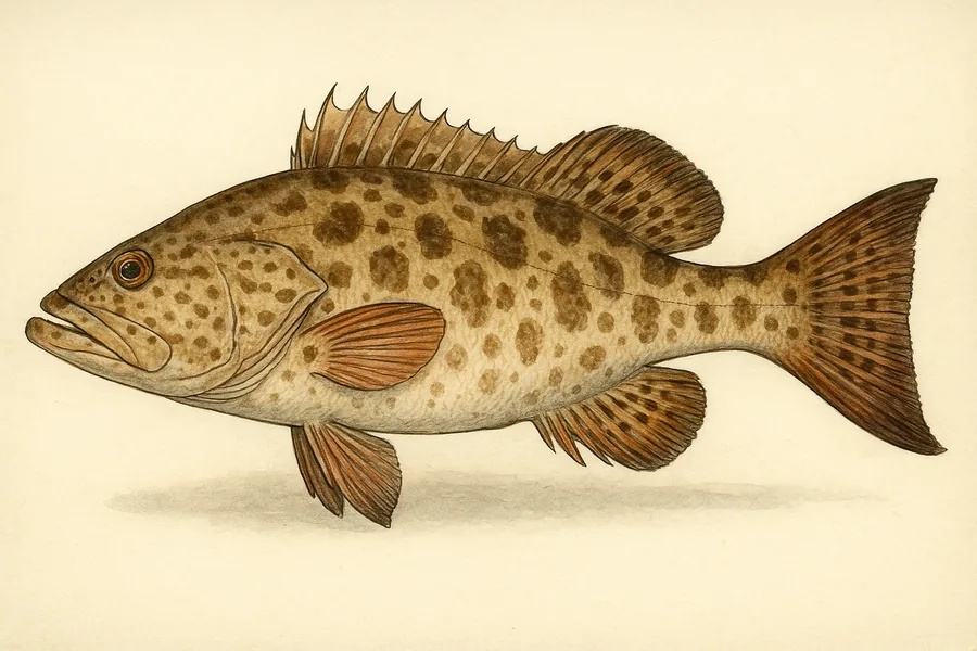 Gulf and broomtail grouper identification illustration — side view for checking California size limits