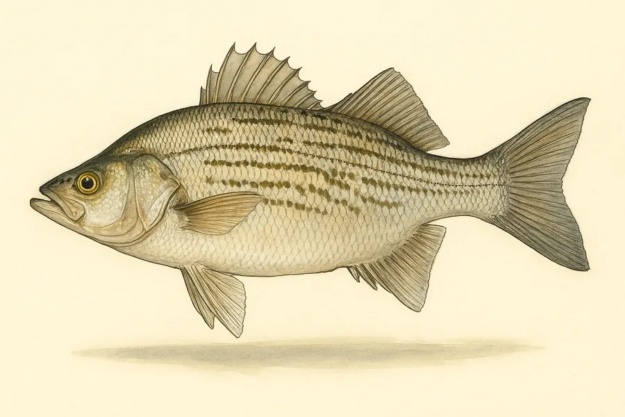 Hybrid bass, white bass, and combinations identification illustration — side view for checking South Carolina size limits