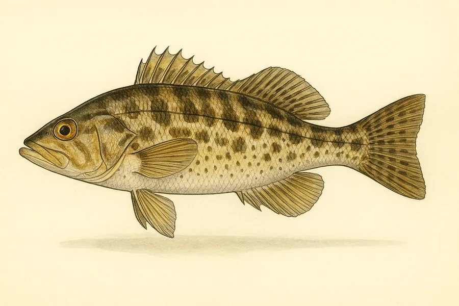 Kelp, barred sand and spotted sand bass identification illustration — side view for checking California size limits