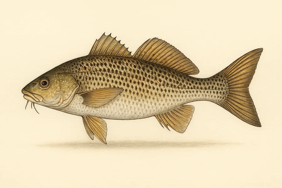 Kingfish (ground mullet) identification illustration — side view for checking Mississippi size limits