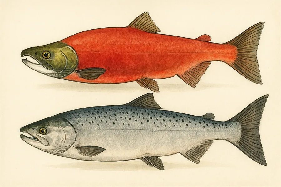 Kokanee and Chinook salmon identification illustration — side view for checking Montana size limits
