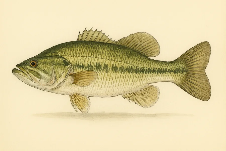 Largemouth bass identification illustration — side view for checking Texas size limits