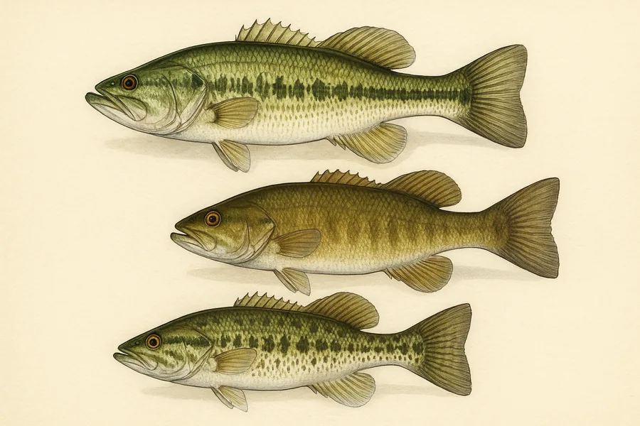 Largemouth, smallmouth and spotted bass identification illustration — side view for checking Colorado size limits