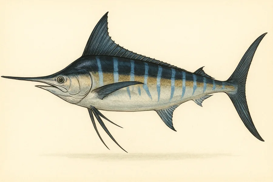 Marlin (black, blue and striped) identification illustration — side view for checking California size limits