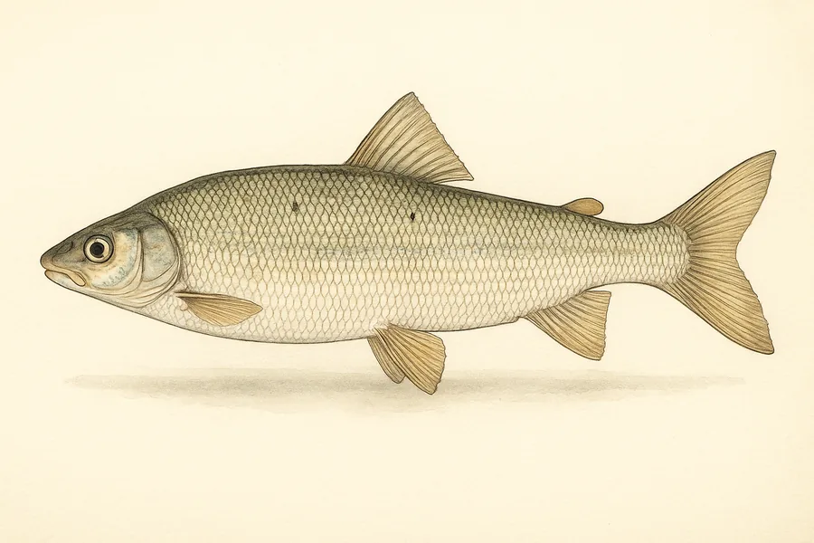 Mountain and lake whitefish identification illustration — side view for checking Montana size limits