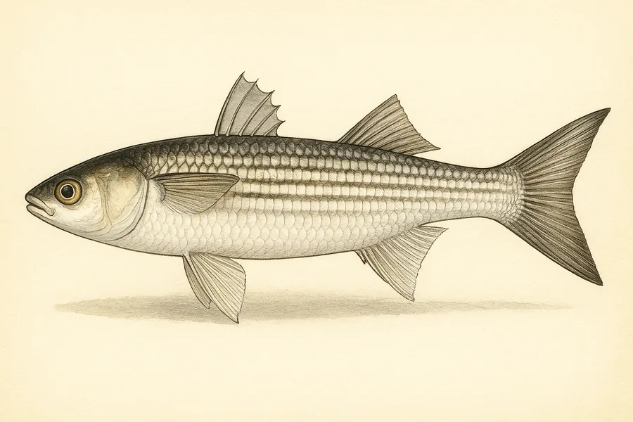 Mullet (striped and white, combined) identification illustration — side view for checking North Carolina size limits