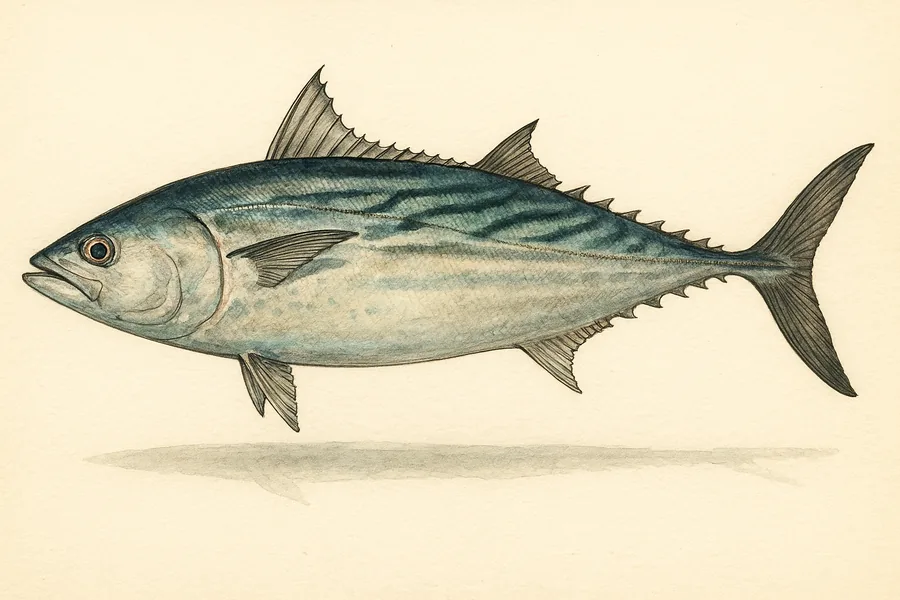 Pacific bonito identification illustration — side view for checking California size limits