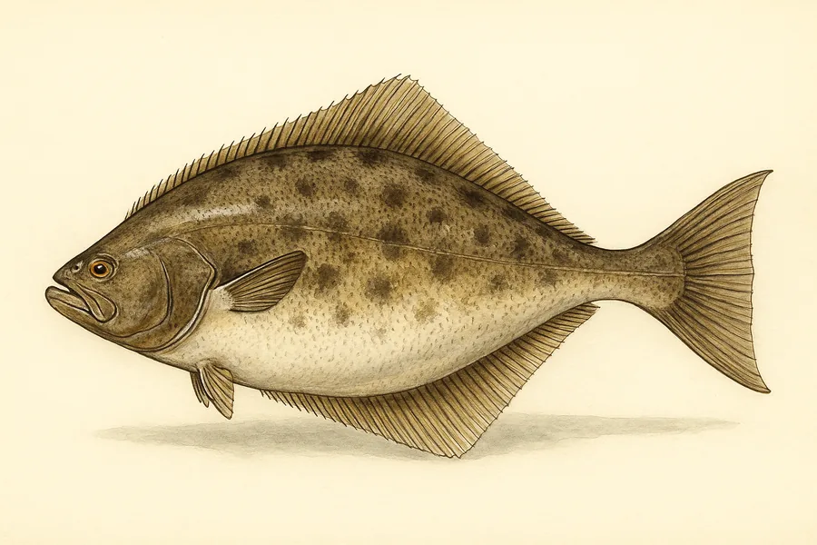 Pacific halibut identification illustration — side view for checking California size limits