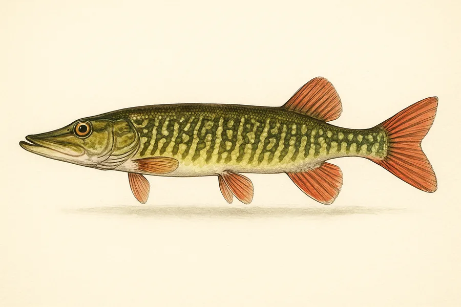 Pickerel (chain, grass and redfin) identification illustration — side view for checking Georgia size limits