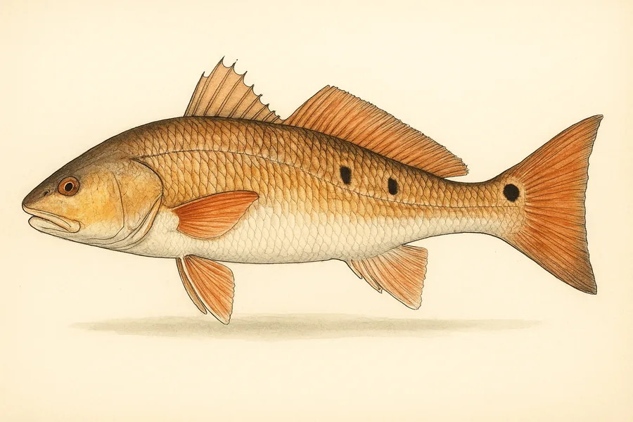 Red drum (redfish) identification illustration — side view for checking Texas size limits