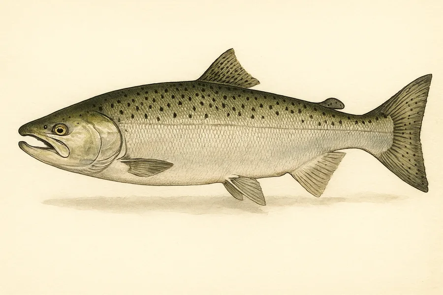 Salmon (Chinook, and Coho, Pink, Chum, Sockeye) identification illustration — side view for checking California size limits