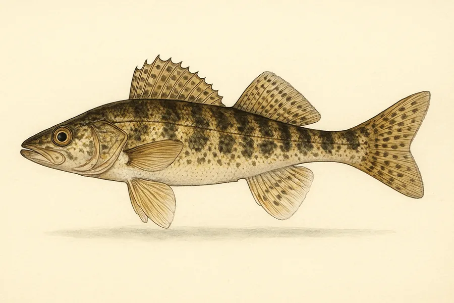 Sauger identification illustration — side view for checking Alabama size limits