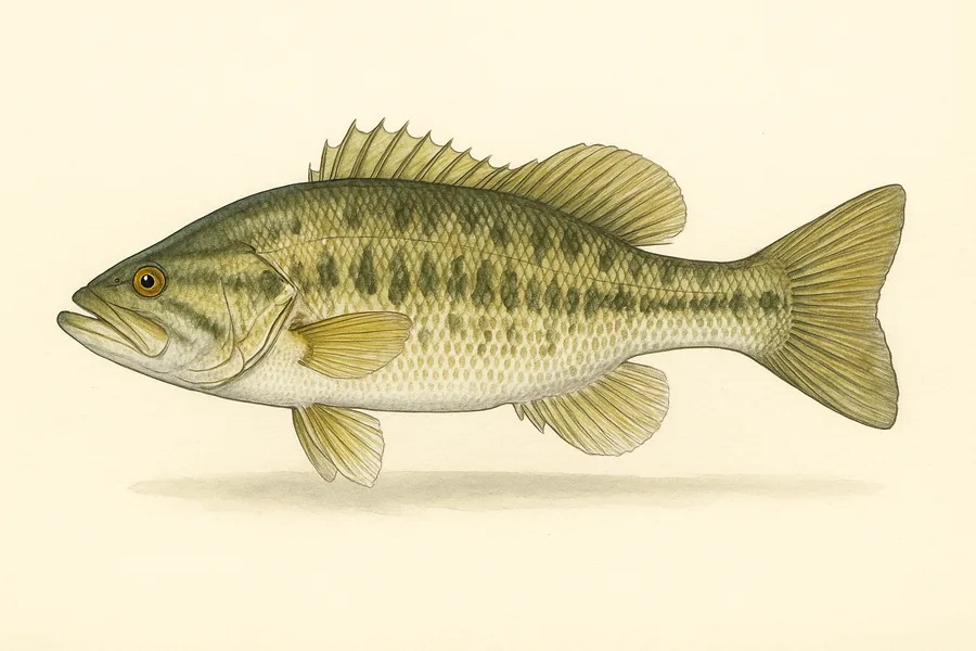 Shoal bass identification illustration — side view for checking Georgia size limits