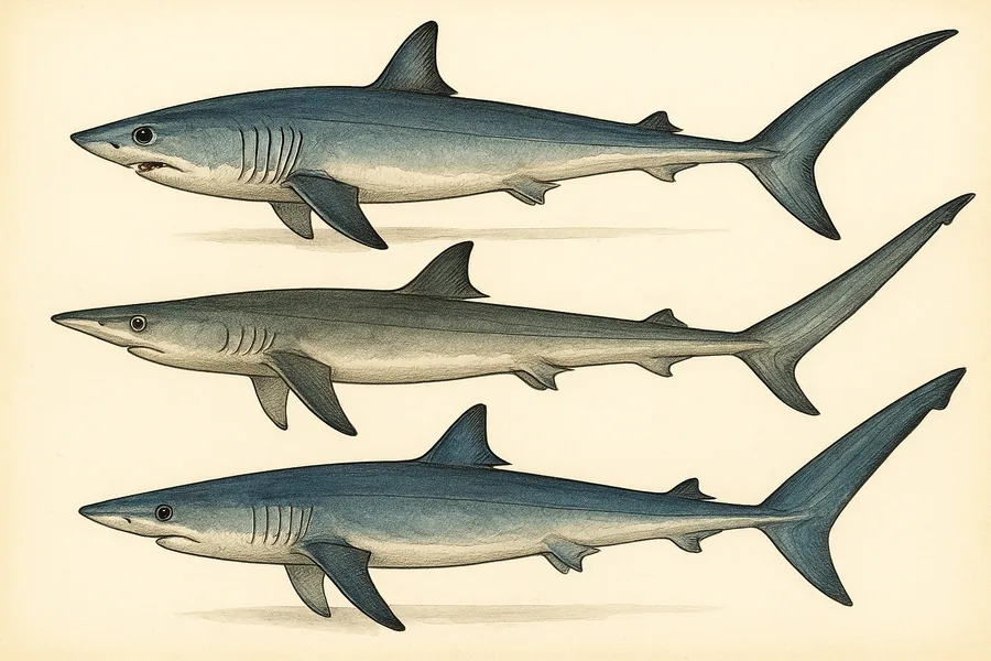 Shortfin mako, thresher and blue shark identification illustration — side view for checking California size limits