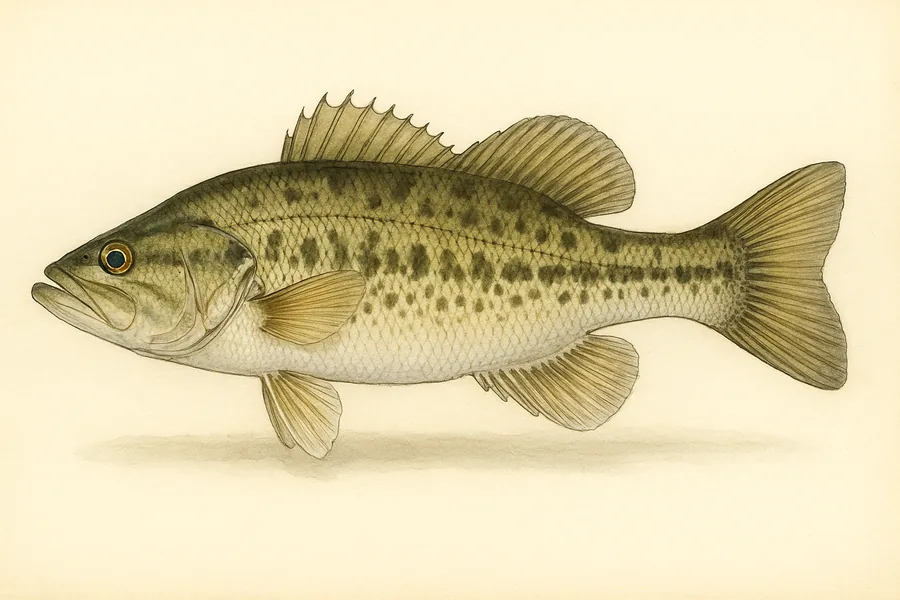 Spotted bass identification illustration — side view for checking Georgia size limits