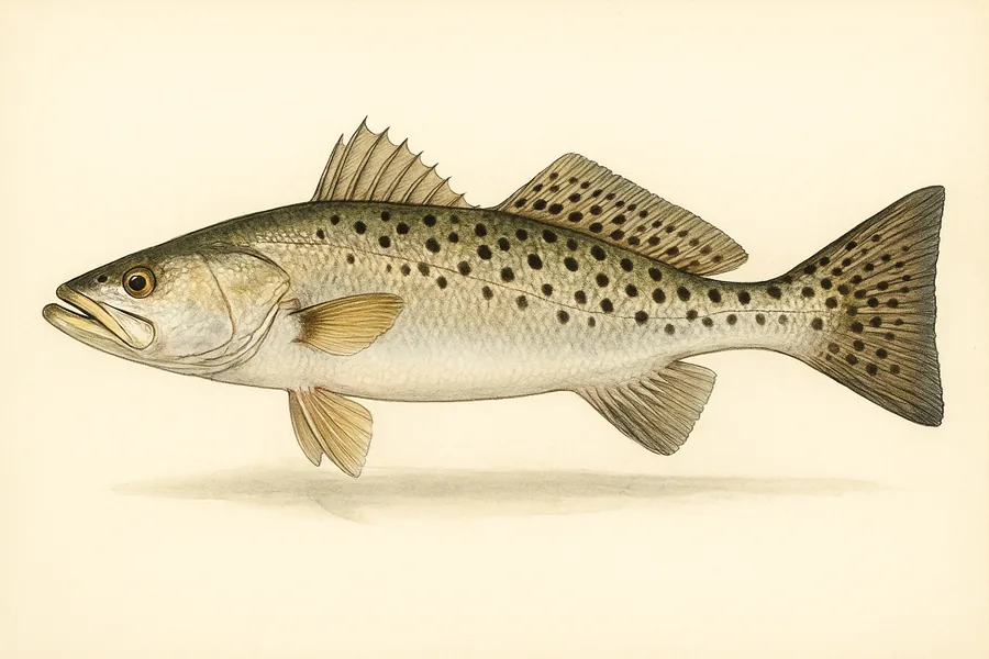 Spotted seatrout (speckled trout) identification illustration — side view for checking Texas size limits