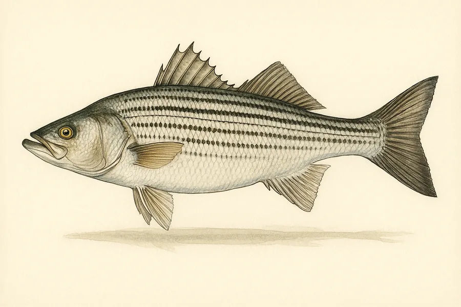 Striped bass identification illustration — side view for checking North Carolina size limits