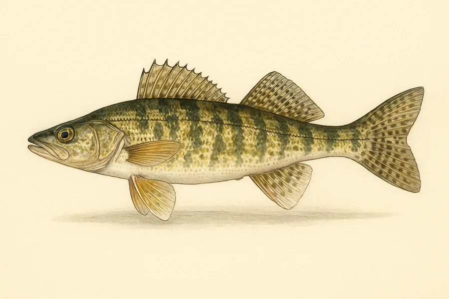 Walleye, sauger and saugeye identification illustration — side view for checking Kansas size limits