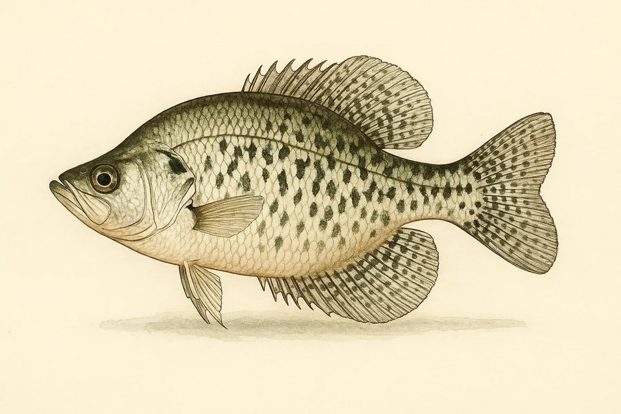 White and black crappie identification illustration — side view for checking Texas size limits