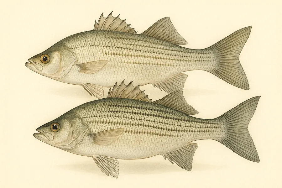 White bass and hybrid striped bass (wipers) identification illustration — side view for checking New Mexico size limits