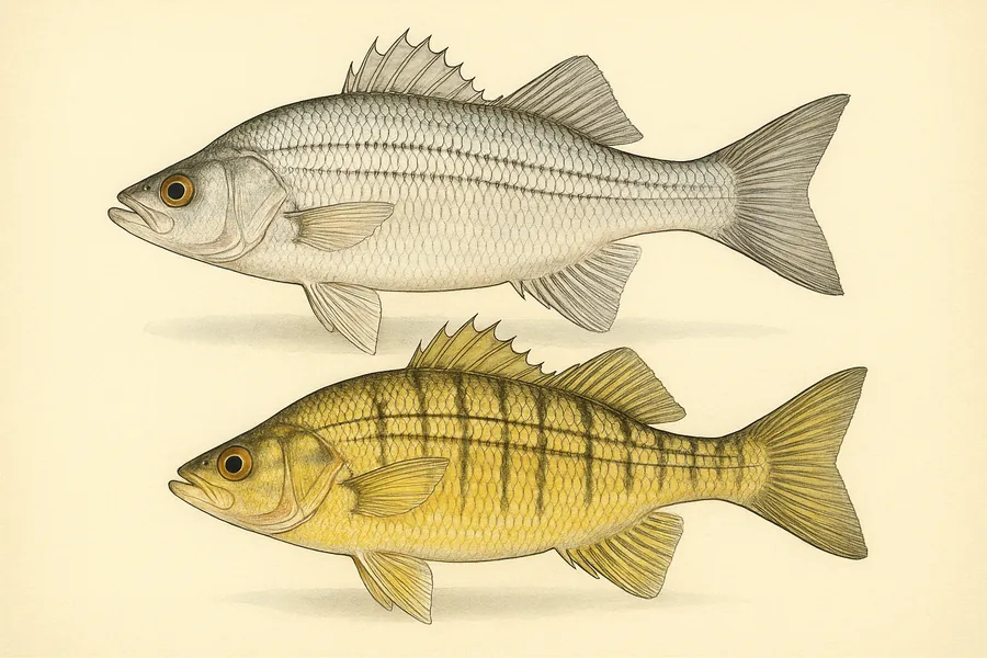 White bass and yellow bass identification illustration — side view for checking Minnesota size limits