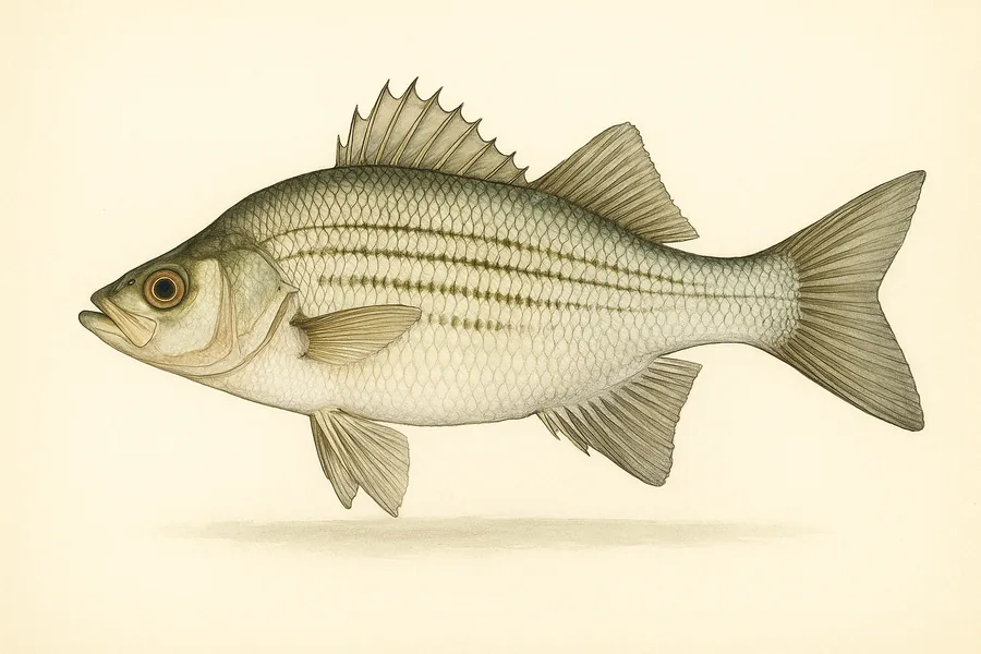White bass, bullhead, bluegill and other legal species identification illustration — side view for checking Kansas size limits