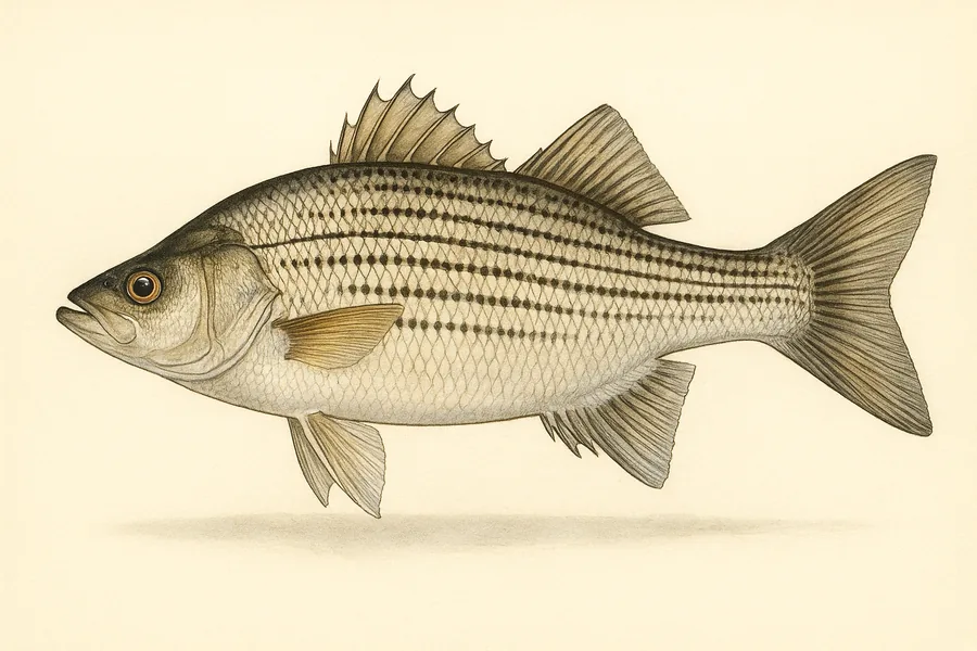 White bass, striped bass and wiper identification illustration — side view for checking Colorado size limits
