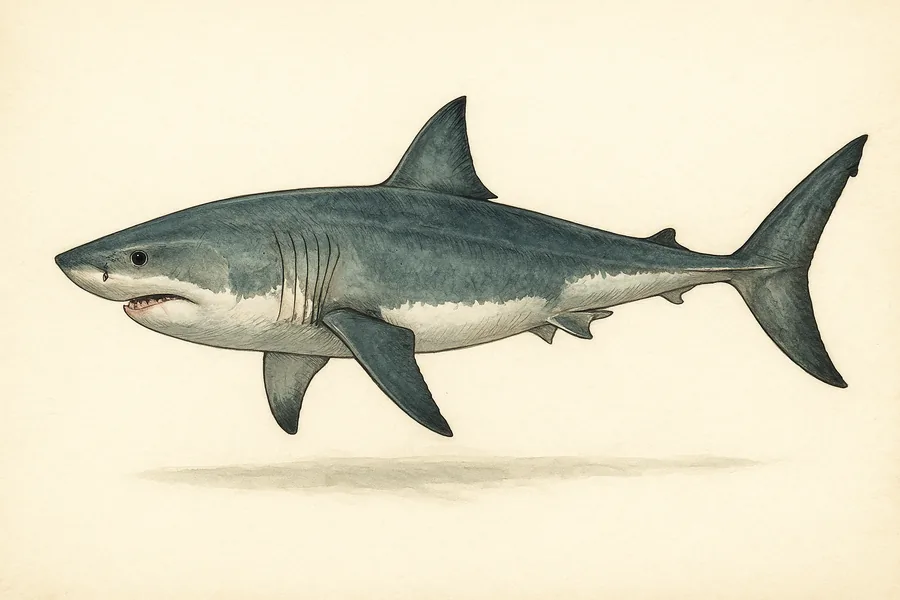 White shark (great white) identification illustration — side view for checking California size limits