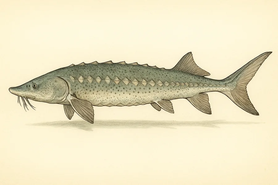 White sturgeon identification illustration — side view for checking California size limits