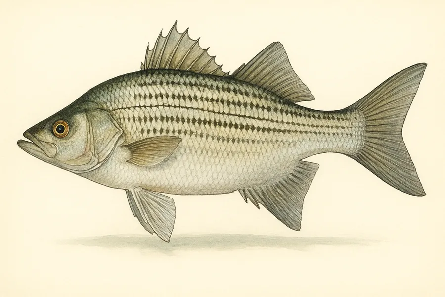 Wiper (white bass x striped bass hybrid) identification illustration — side view for checking Kansas size limits