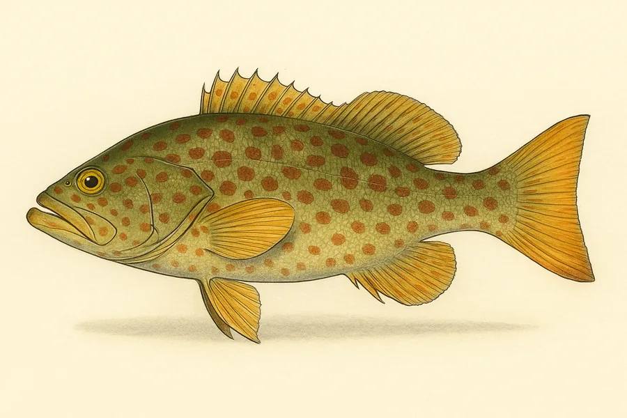 Yellowfin grouper identification illustration — side view for checking Mississippi size limits