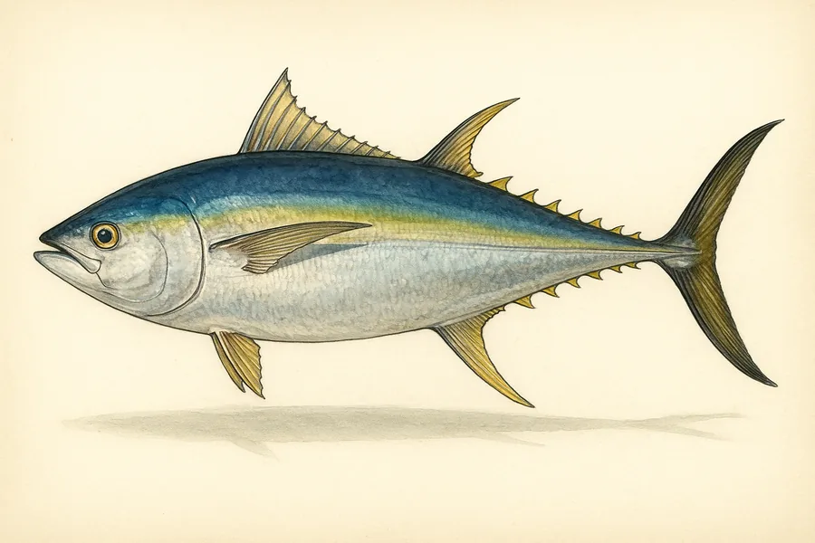 Yellowfin tuna identification illustration — side view for checking Alabama size limits